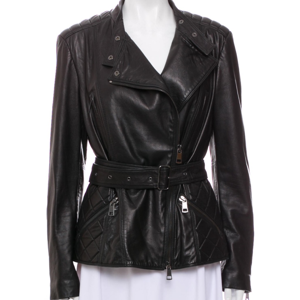 Burberry Biker Jacket Black Leather Quilted Belted Lambskin Motorcycle